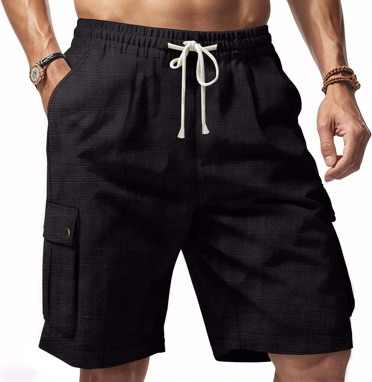 heyheyshine Mens Linen Shorts Elastic Waist Drawstring Casual Summer Shorts Lightweight Cargo Short Pants with Pockets