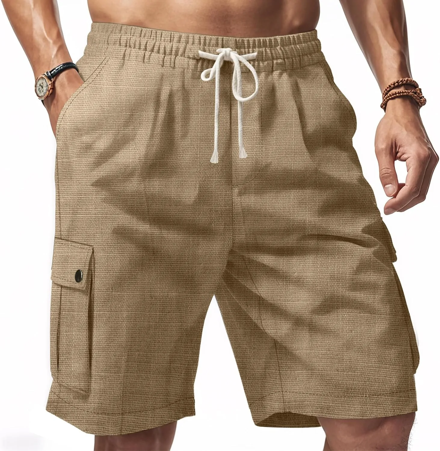 heyheyshine Mens Linen Shorts Elastic Waist Drawstring Casual Summer Shorts Lightweight Cargo Short Pants with Pockets