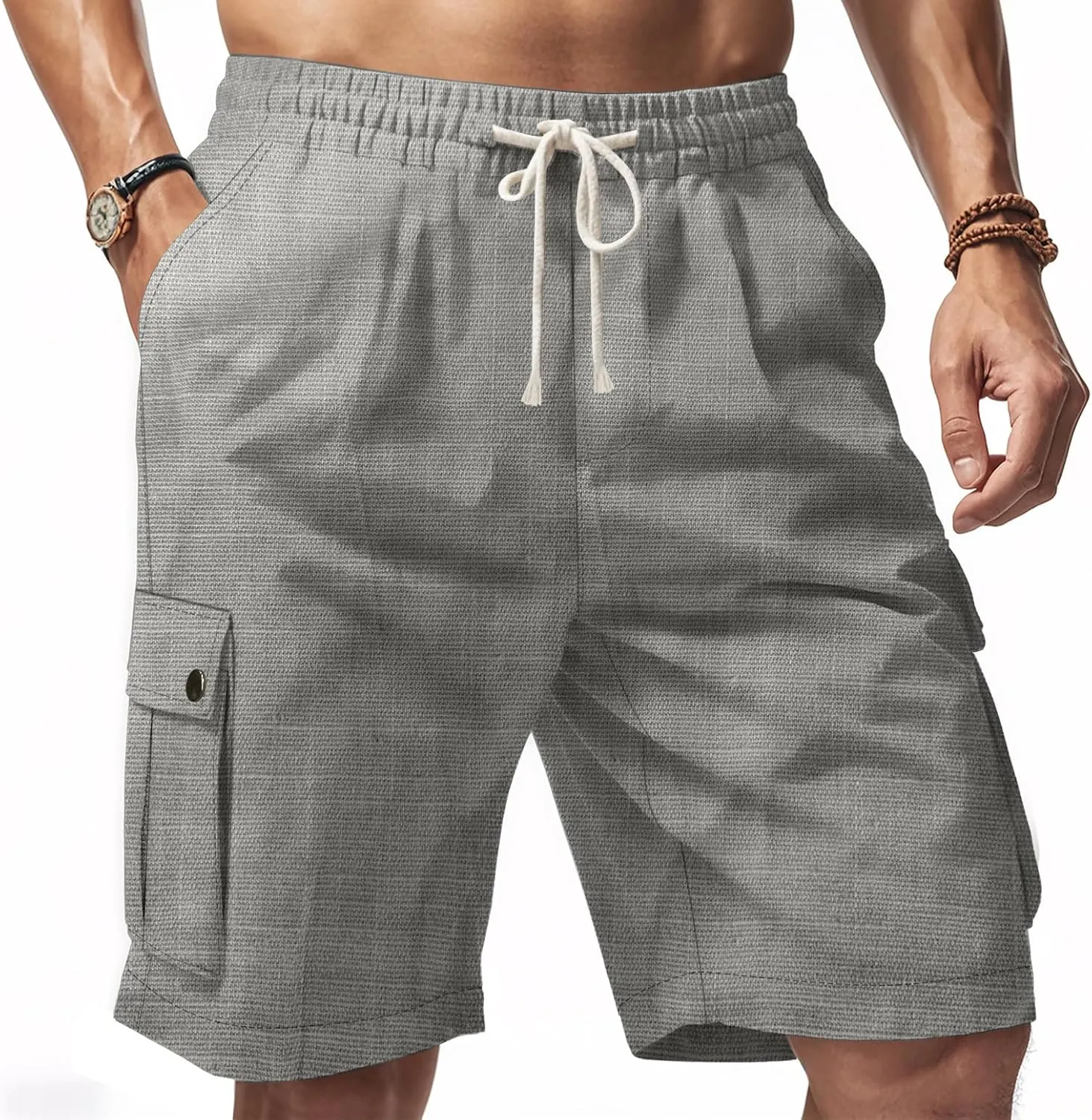 heyheyshine Mens Linen Shorts Elastic Waist Drawstring Casual Summer Shorts Lightweight Cargo Short Pants with Pockets