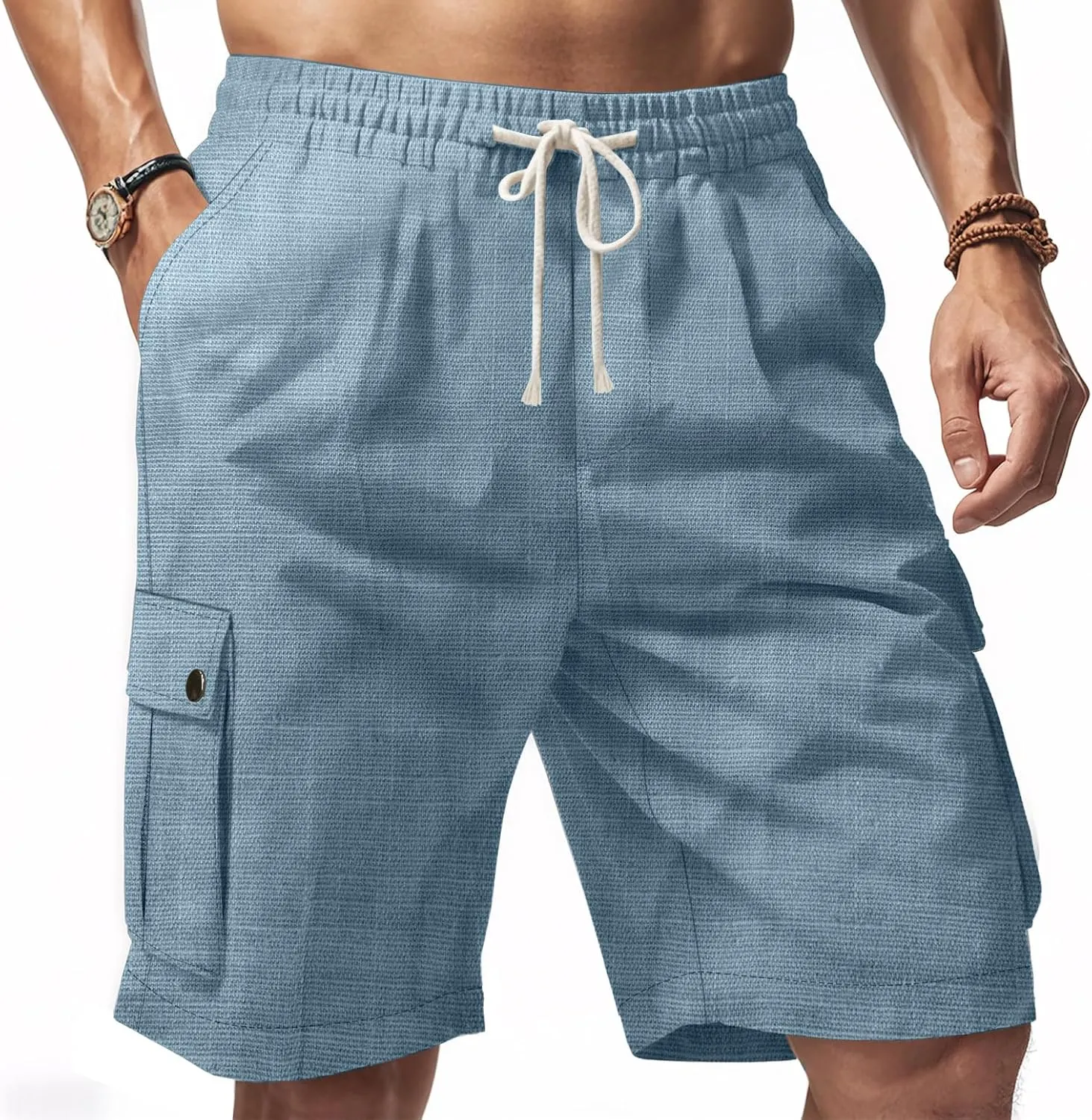 heyheyshine Mens Linen Shorts Elastic Waist Drawstring Casual Summer Shorts Lightweight Cargo Short Pants with Pockets