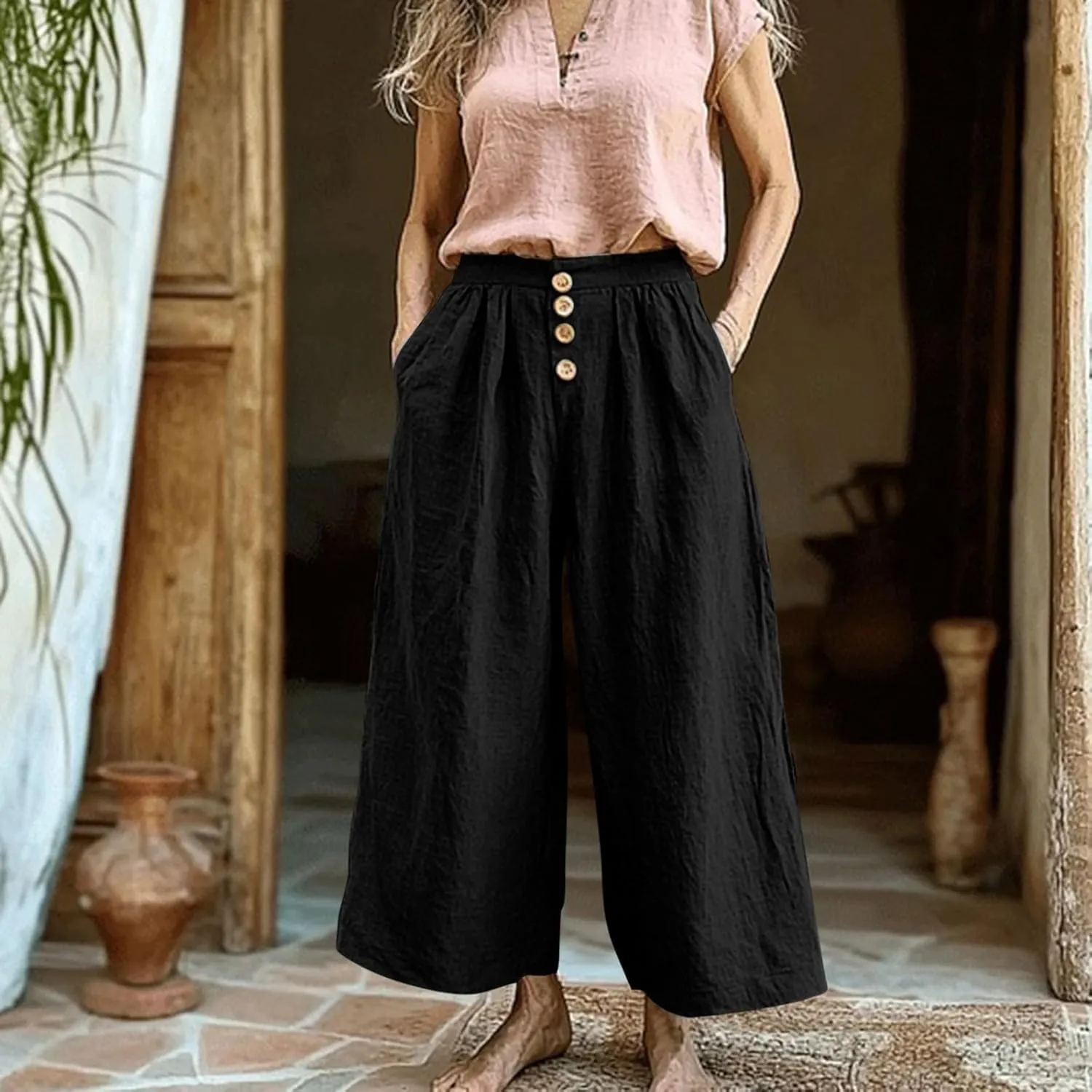 HGps8w Women's Cotton Linen Cropped Palazzo Pants Trendy Wide Leg Summer Loose High Waisted Lounge Trousers with Pockets