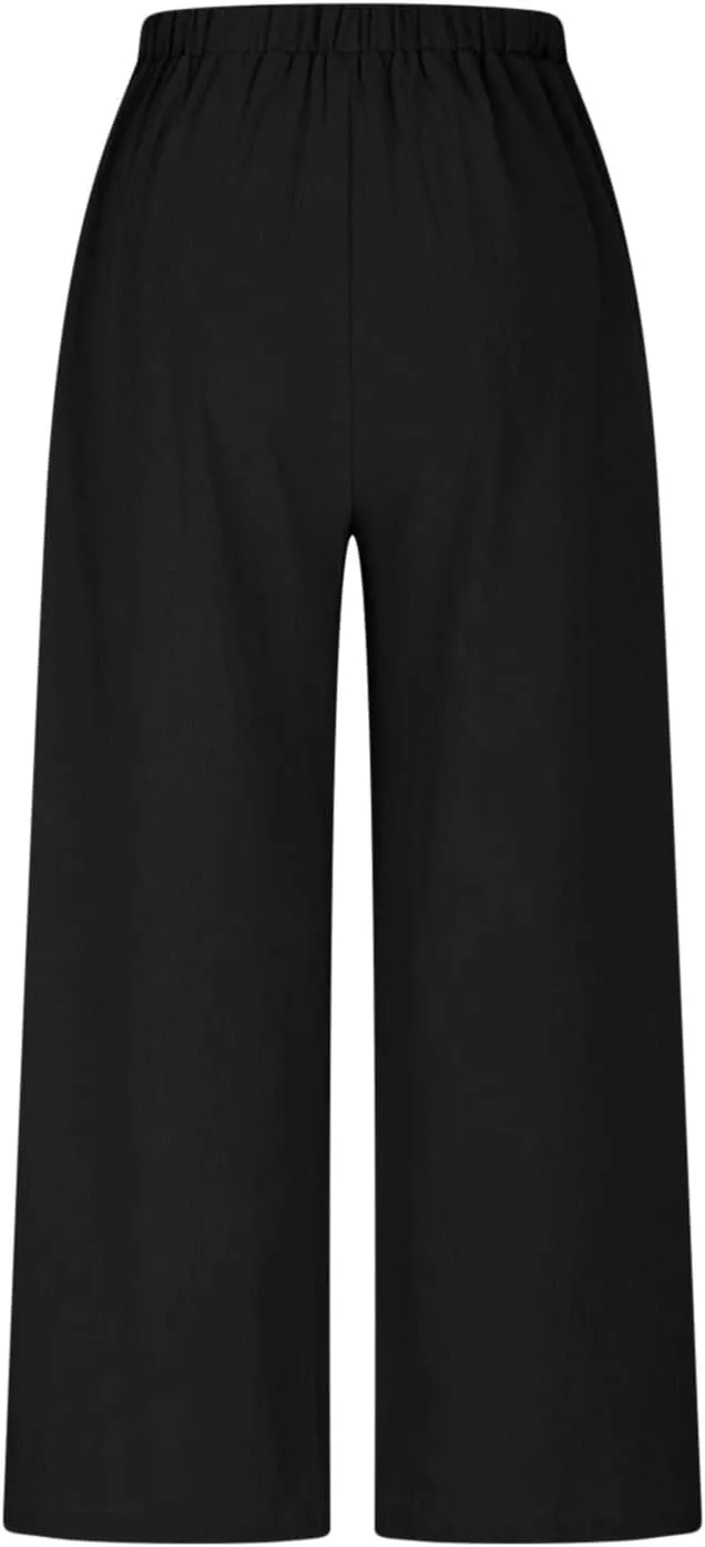 HGps8w Women's Cotton Linen Cropped Palazzo Pants Trendy Wide Leg Summer Loose High Waisted Lounge Trousers with Pockets