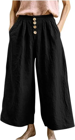 HGps8w Women's Cotton Linen Cropped Palazzo Pants Trendy Wide Leg Summer Loose High Waisted Lounge Trousers with Pockets