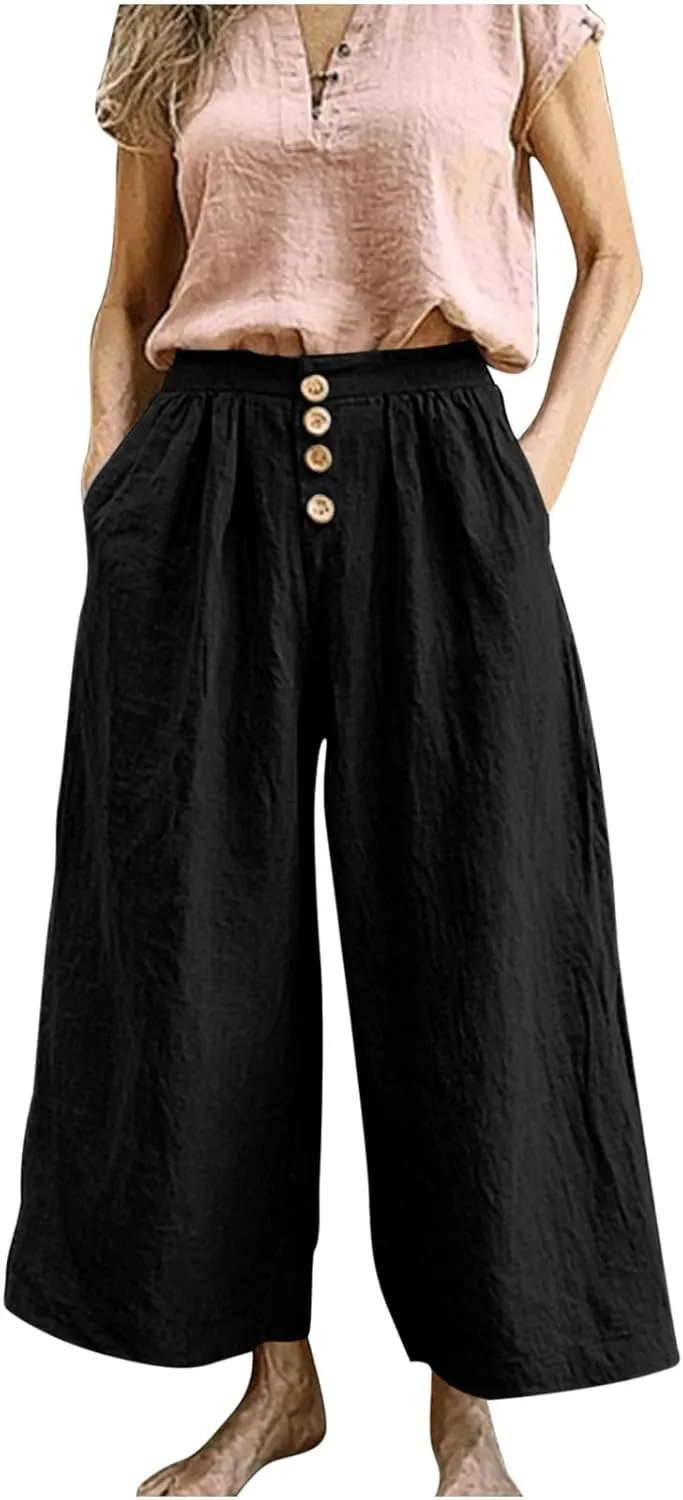 HGps8w Women's Cotton Linen Cropped Palazzo Pants Trendy Wide Leg Summer Loose High Waisted Lounge Trousers with Pockets