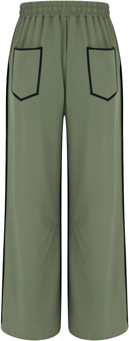 HGps8w Women's Summer Trendy Striped Loose Palazzo Pants Wide Leg Elastic Waist Sweatpants Lounge Trousers with Pockets