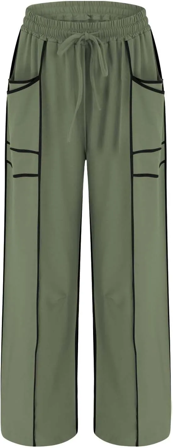 HGps8w Women's Summer Trendy Striped Loose Palazzo Pants Wide Leg Elastic Waist Sweatpants Lounge Trousers with Pockets