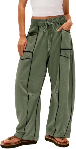HGps8w Women's Summer Trendy Striped Loose Palazzo Pants Wide Leg Elastic Waist Sweatpants Lounge Trousers with Pockets