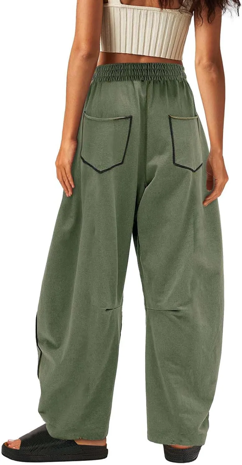 HGps8w Women's Summer Trendy Striped Loose Palazzo Pants Wide Leg Elastic Waist Sweatpants Lounge Trousers with Pockets