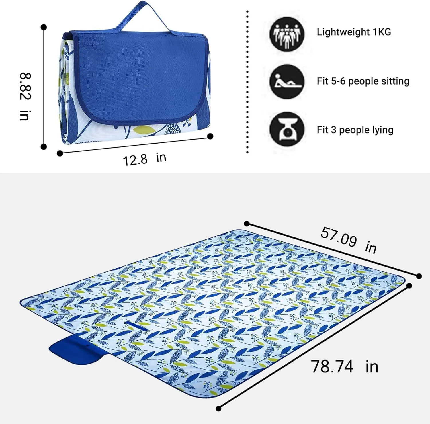 Hi Space Outdoor Picnic Blankets Waterproof Foldable Picnic Mat Extra Large Beach Blankets Sandproof Blanket for Beach Camping Grass Lawn Park, 80"x60", Blue Camouflage