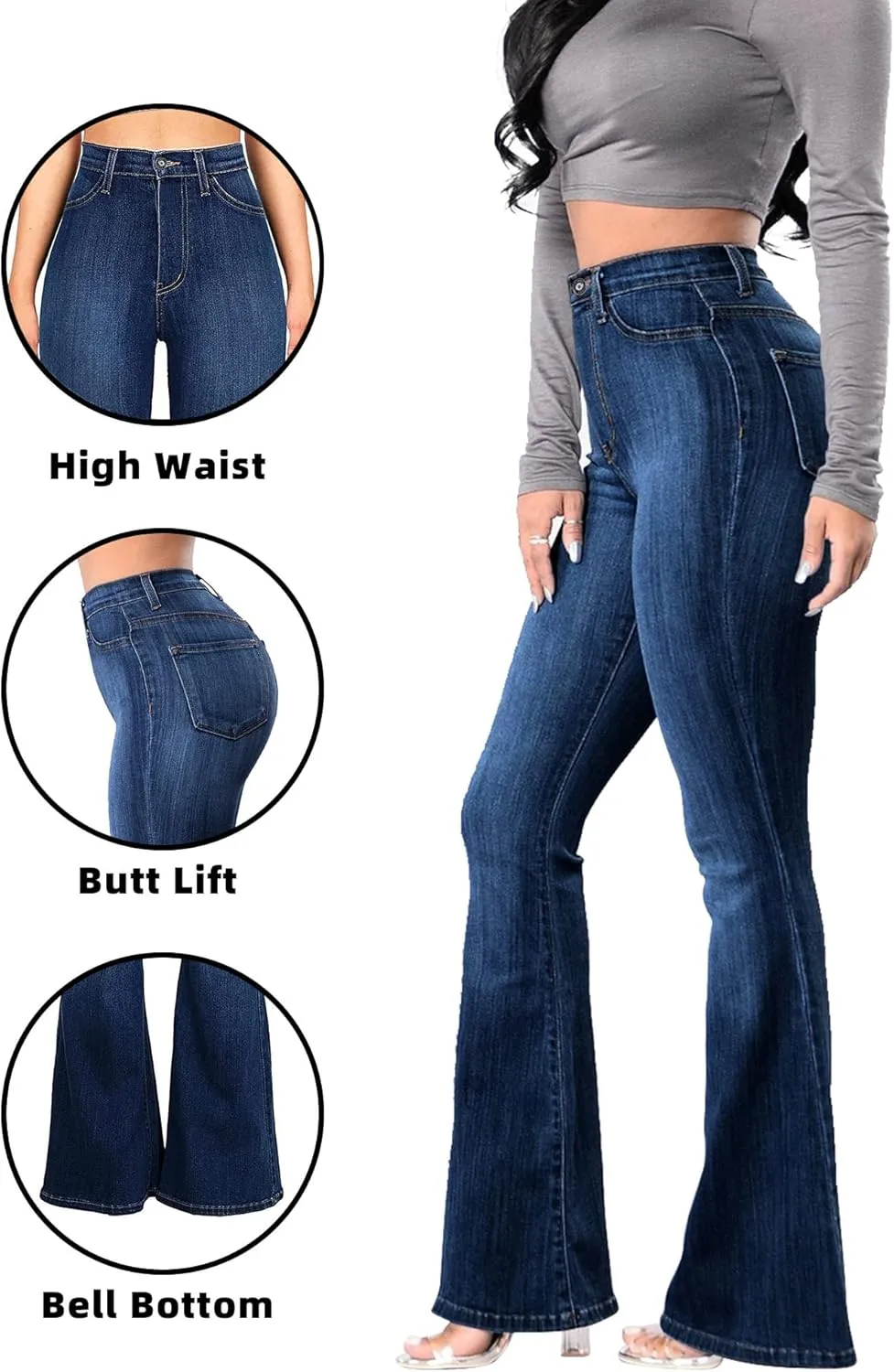 High Waisted Bell Bottom Jeans for Women Black Flare Retro Bootcut Stretch Wide Leg Denim Pants