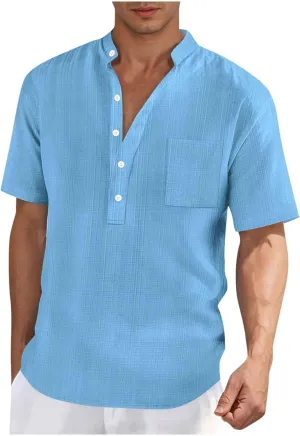 Hippie T-Shirt for Men Solid Color Business Short Sleeve Henley Collar Tees Tops Summer Casual Regular Work Blouse