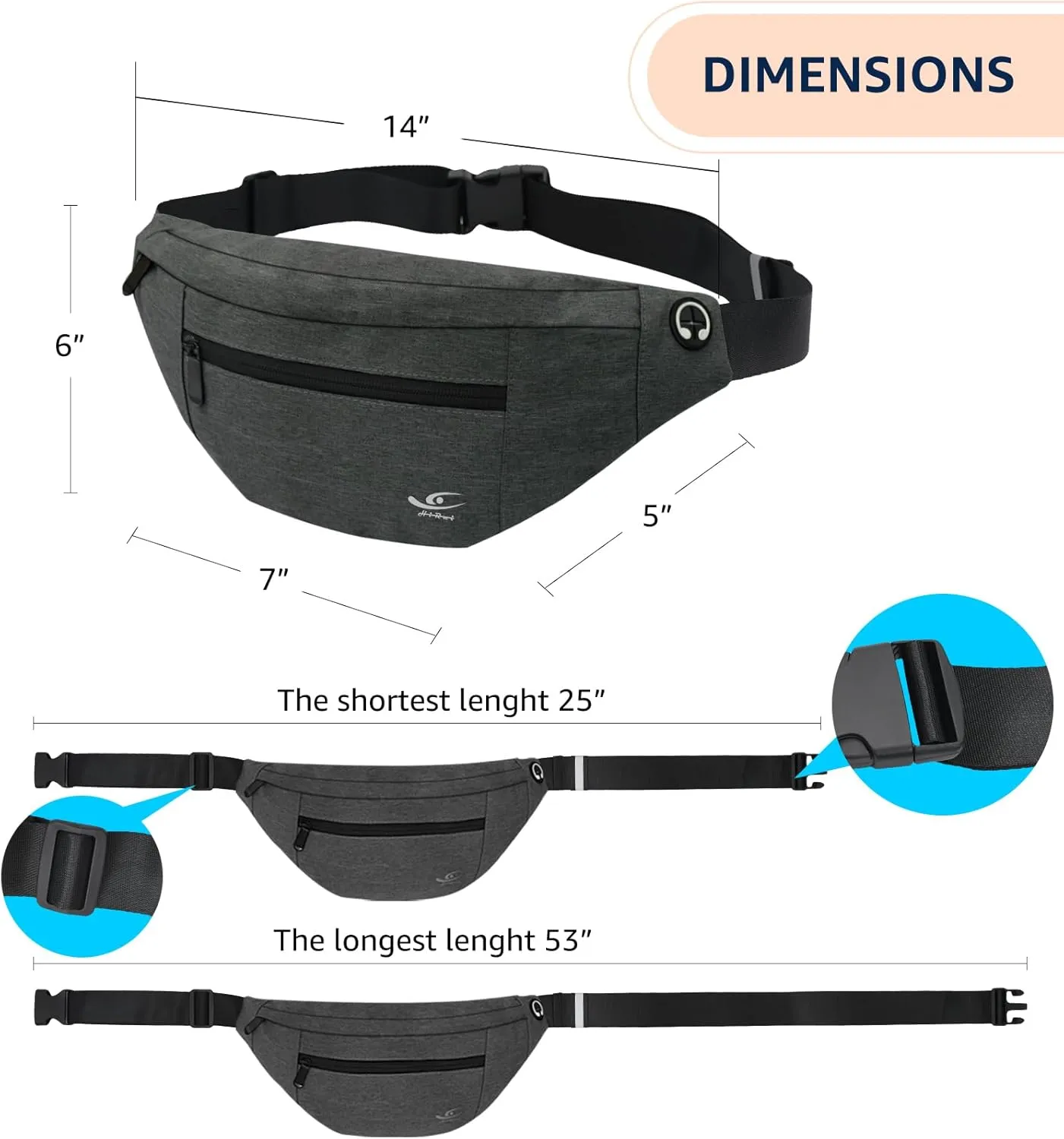 HiRui Large Crossbody Fanny Pack for Men Women Waist Bag Pack with 4-Zipper Pockets Phone Bag Fits All Phones Wallet Keys, Casual Hands-Free Waist Pack for Travel Workout Running (Dark Gray)