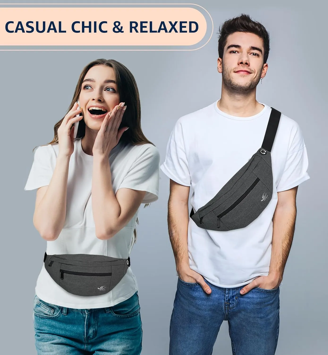 HiRui Large Crossbody Fanny Pack for Men Women Waist Bag Pack with 4-Zipper Pockets Phone Bag Fits All Phones Wallet Keys, Casual Hands-Free Waist Pack for Travel Workout Running (Dark Gray)