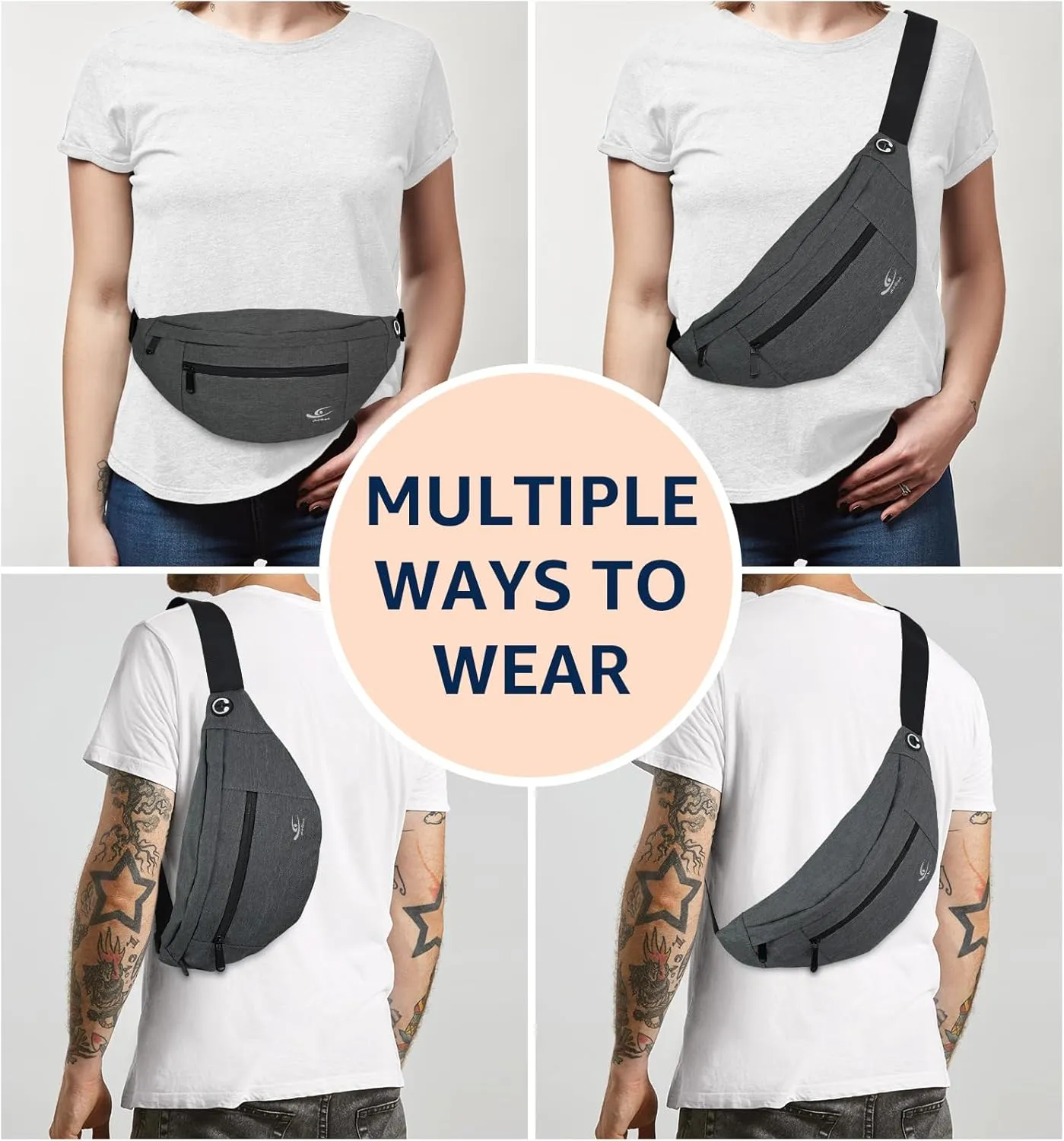 HiRui Large Crossbody Fanny Pack for Men Women Waist Bag Pack with 4-Zipper Pockets Phone Bag Fits All Phones Wallet Keys, Casual Hands-Free Waist Pack for Travel Workout Running (Dark Gray)