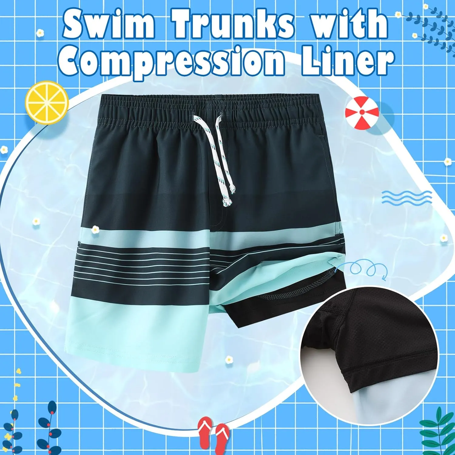 HODOSPORTS Boys Swim Trunks with Compression Liner Swimwear Bathing Suits Swim Shorts with Pockets