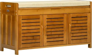 HOMCOM Shoe Storage Bench, Bamboo Entryway Bench with Cushion, Cabinets and Hidden Compartment for Hallway, Brown