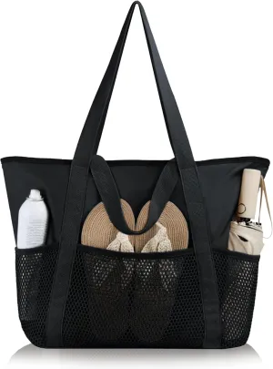 HOMESPON Beach Bag Large Waterproof Sandproof Foldable Tote for Women with Zipper Mesh Pockets for Pool Swim Travel Everyday