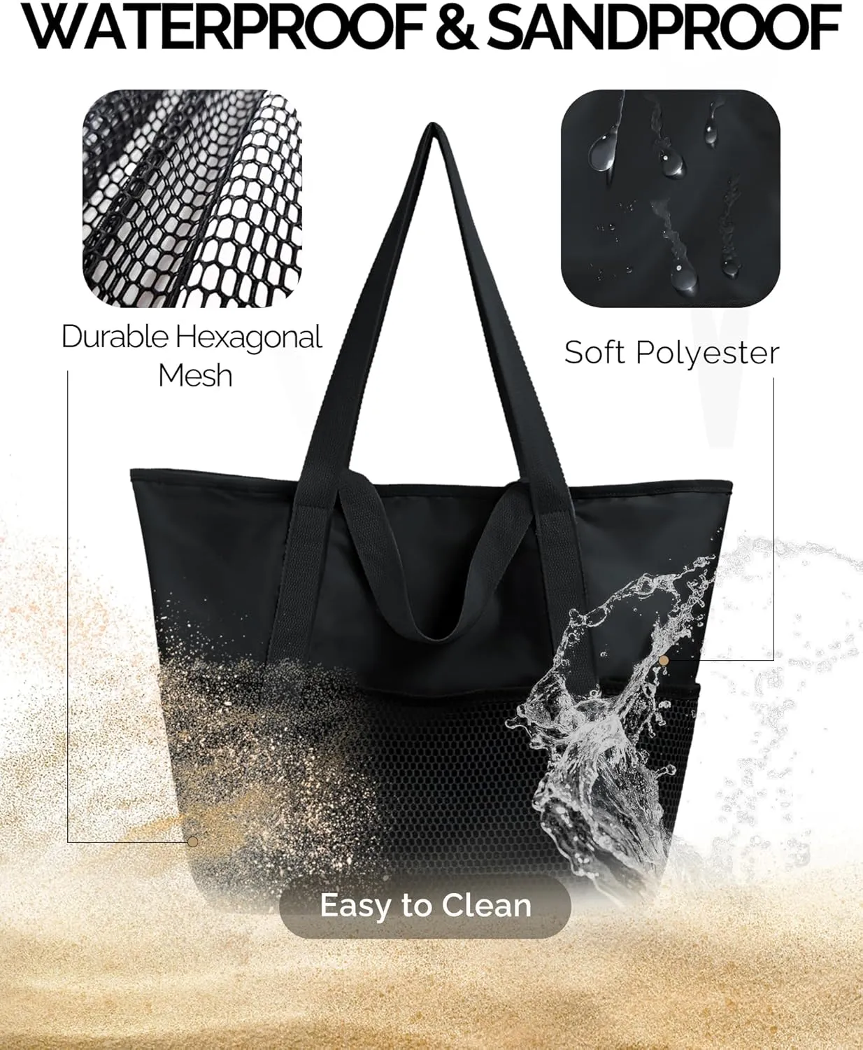 HOMESPON Beach Bag Large Waterproof Sandproof Foldable Tote for Women with Zipper Mesh Pockets for Pool Swim Travel Everyday