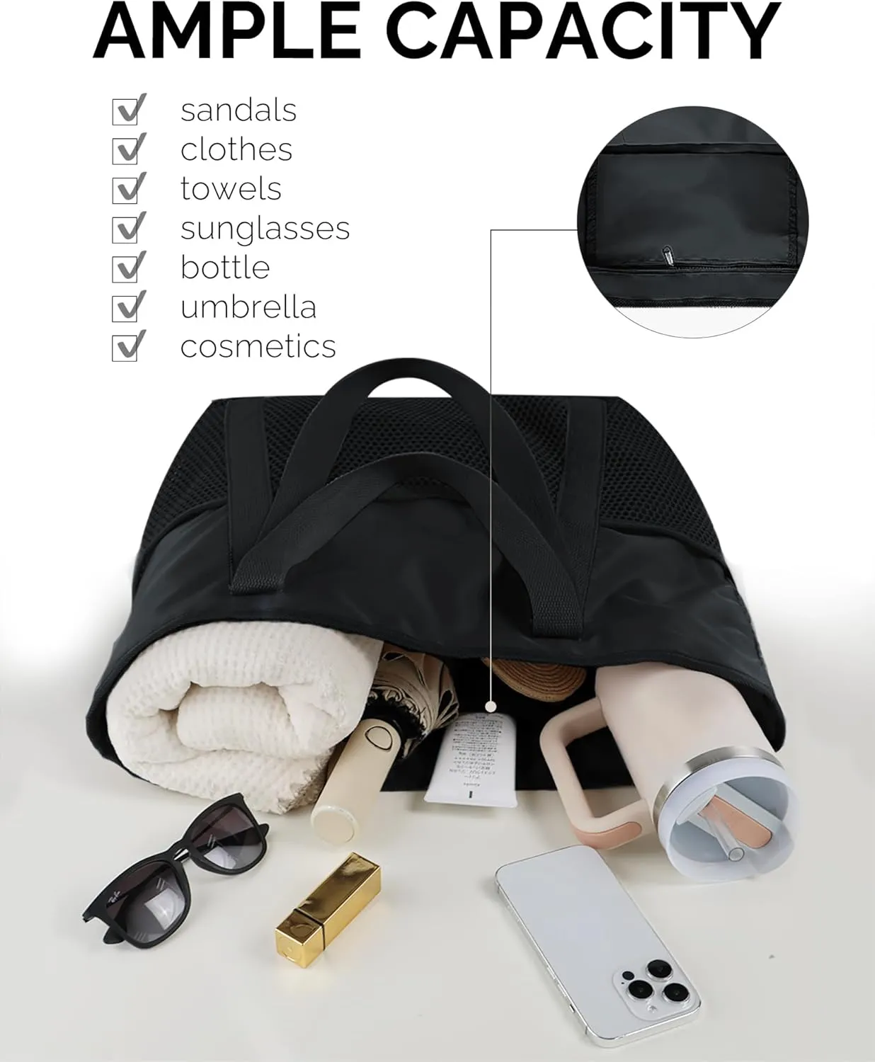 HOMESPON Beach Bag Large Waterproof Sandproof Foldable Tote for Women with Zipper Mesh Pockets for Pool Swim Travel Everyday