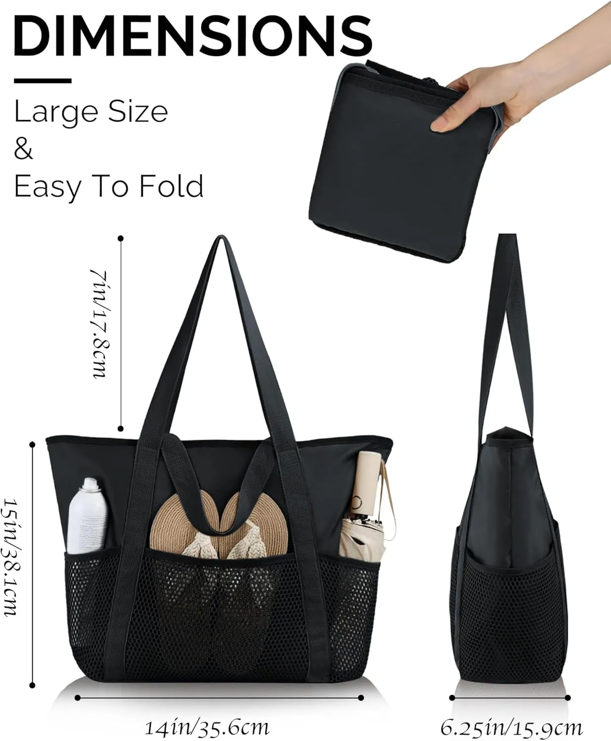 HOMESPON Beach Bag Large Waterproof Sandproof Foldable Tote for Women with Zipper Mesh Pockets for Pool Swim Travel Everyday