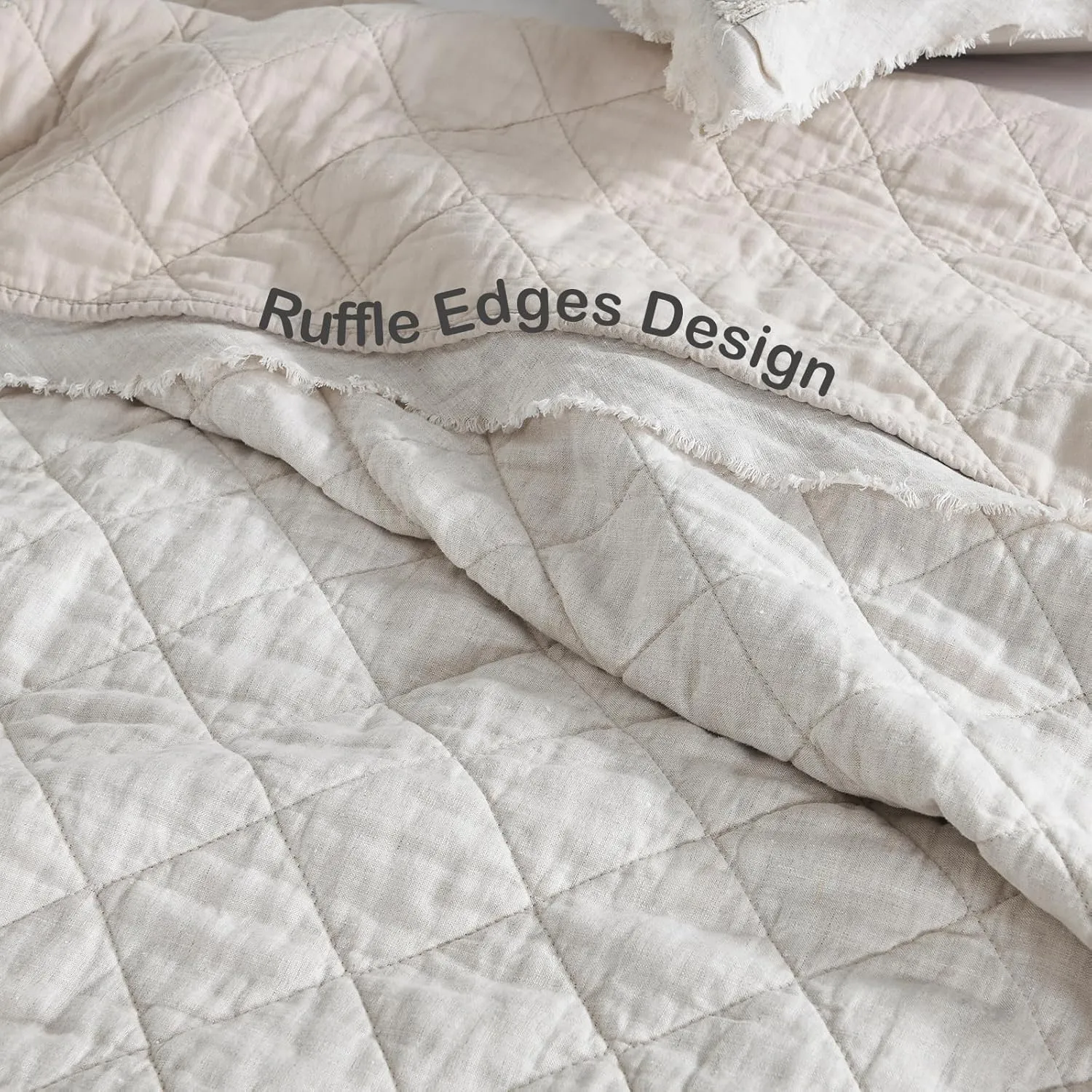 HORIMOTE HOME 100% Linen Front/100% Cotton Back Quilt Set Queen Size, Beige Pre-Washed European Flax Linen Quilt, Diamond Stitch Bedspread Coverlet Bedding Set 3-Piece for All Seasons