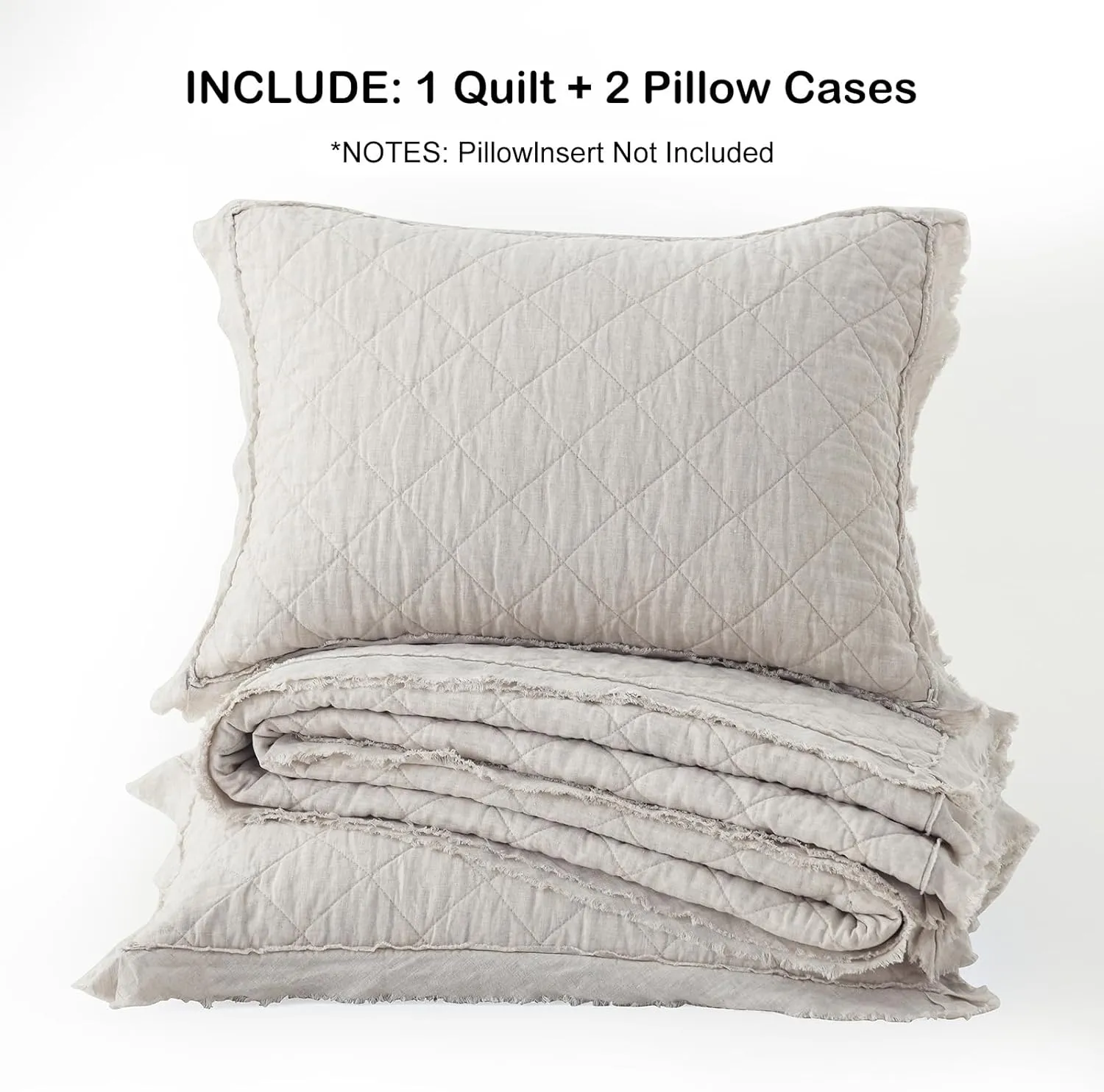 HORIMOTE HOME 100% Linen Front/100% Cotton Back Quilt Set Queen Size, Beige Pre-Washed European Flax Linen Quilt, Diamond Stitch Bedspread Coverlet Bedding Set 3-Piece for All Seasons