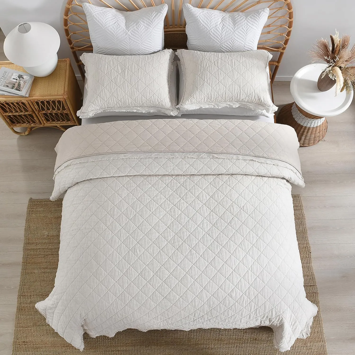 HORIMOTE HOME 100% Linen Front/100% Cotton Back Quilt Set Queen Size, Beige Pre-Washed European Flax Linen Quilt, Diamond Stitch Bedspread Coverlet Bedding Set 3-Piece for All Seasons