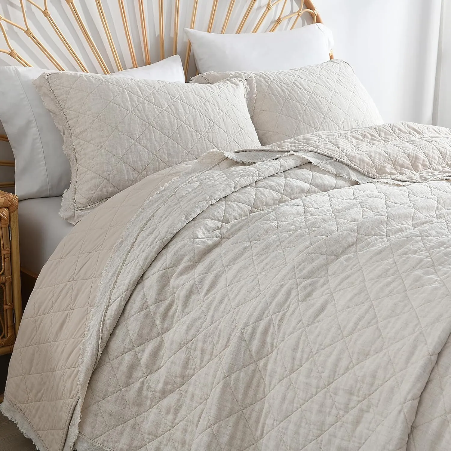 HORIMOTE HOME 100% Linen Front/100% Cotton Back Quilt Set Queen Size, Beige Pre-Washed European Flax Linen Quilt, Diamond Stitch Bedspread Coverlet Bedding Set 3-Piece for All Seasons