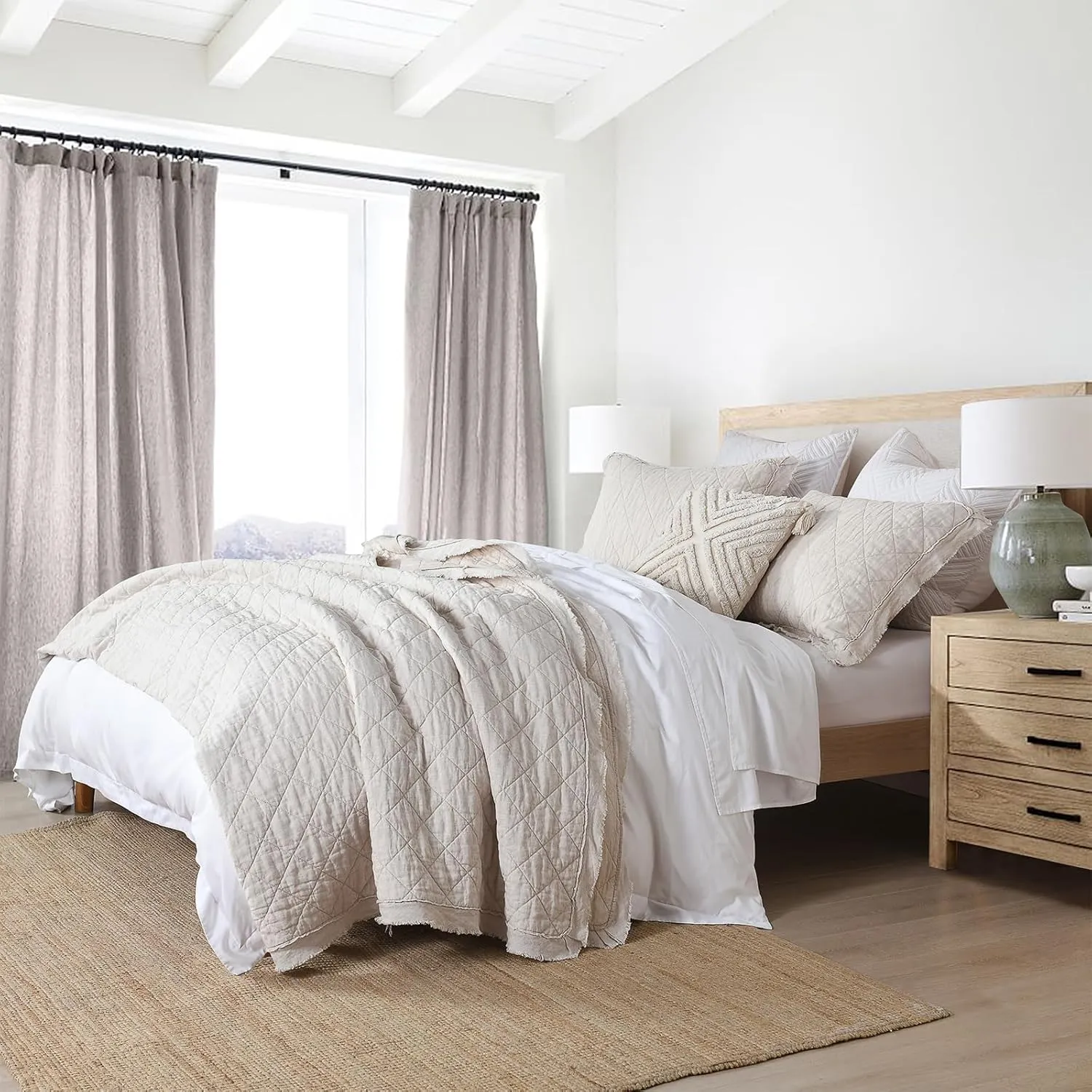 HORIMOTE HOME 100% Linen Front/100% Cotton Back Quilt Set Queen Size, Beige Pre-Washed European Flax Linen Quilt, Diamond Stitch Bedspread Coverlet Bedding Set 3-Piece for All Seasons