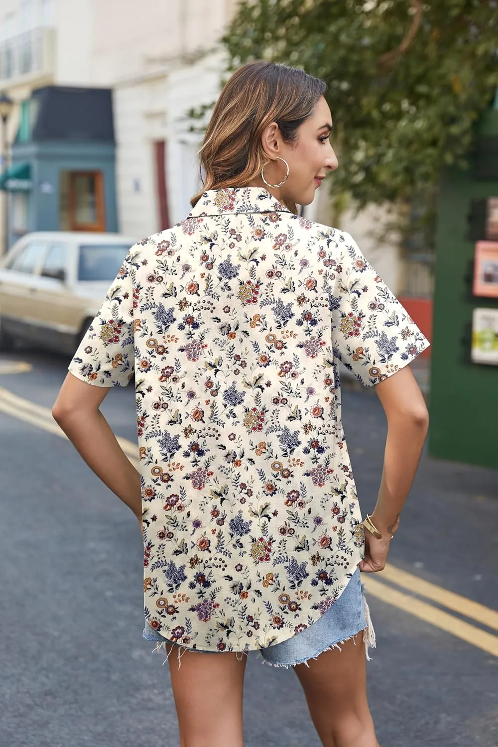 HOTOUCH Cotton Linen Button Down Shirt for Women V Neck Collared Blouse Casual Short Sleeve Tops with Pocket