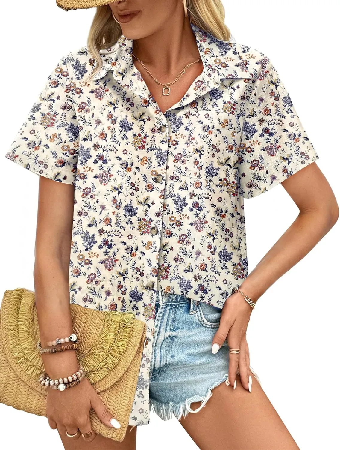 HOTOUCH Cotton Linen Button Down Shirt for Women V Neck Collared Blouse Casual Short Sleeve Tops with Pocket