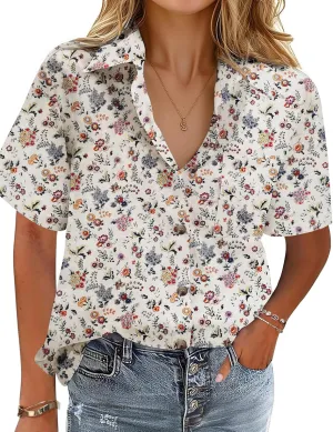 HOTOUCH Cotton Linen Button Down Shirt for Women V Neck Collared Blouse Casual Short Sleeve Tops with Pocket