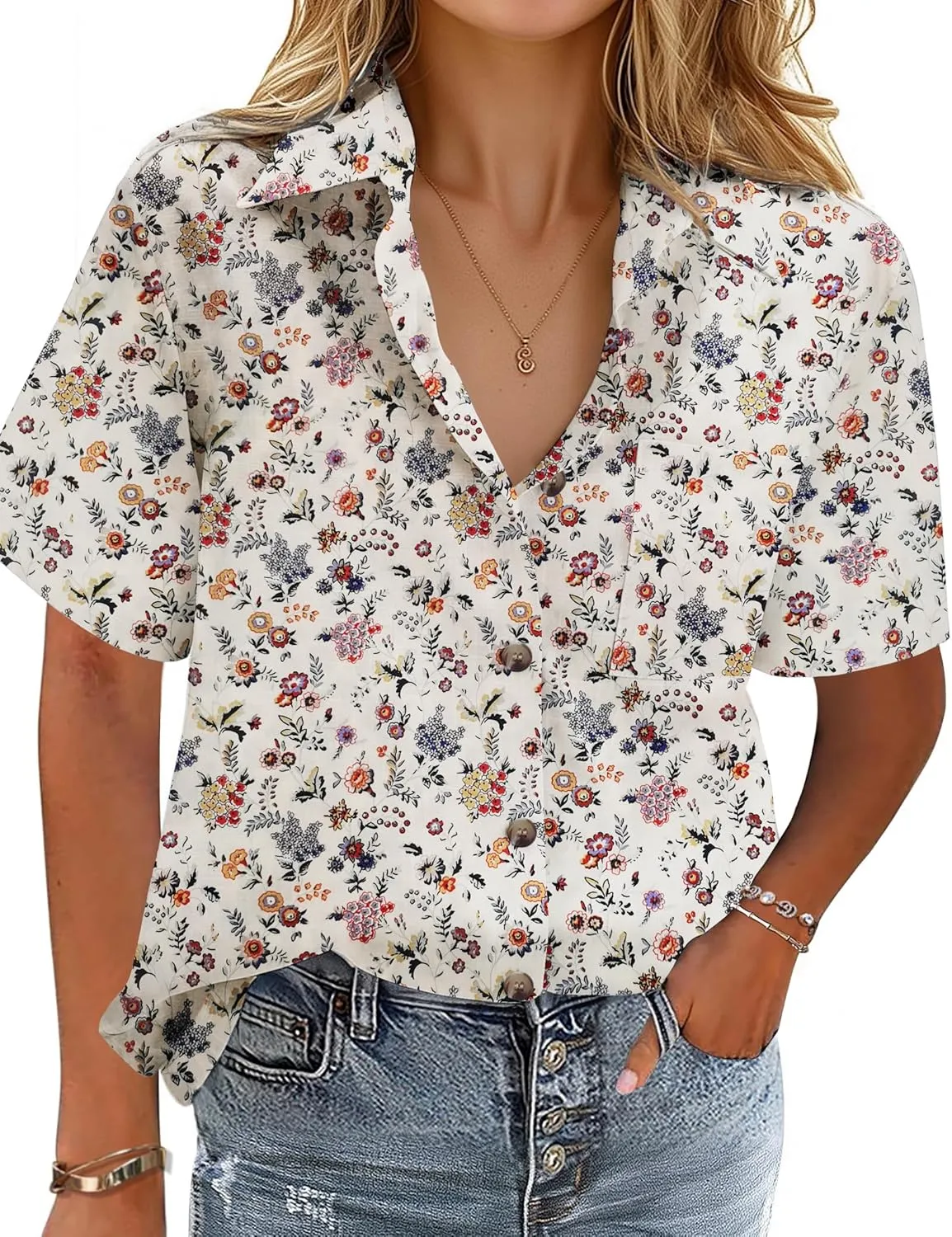HOTOUCH Cotton Linen Button Down Shirt for Women V Neck Collared Blouse Casual Short Sleeve Tops with Pocket
