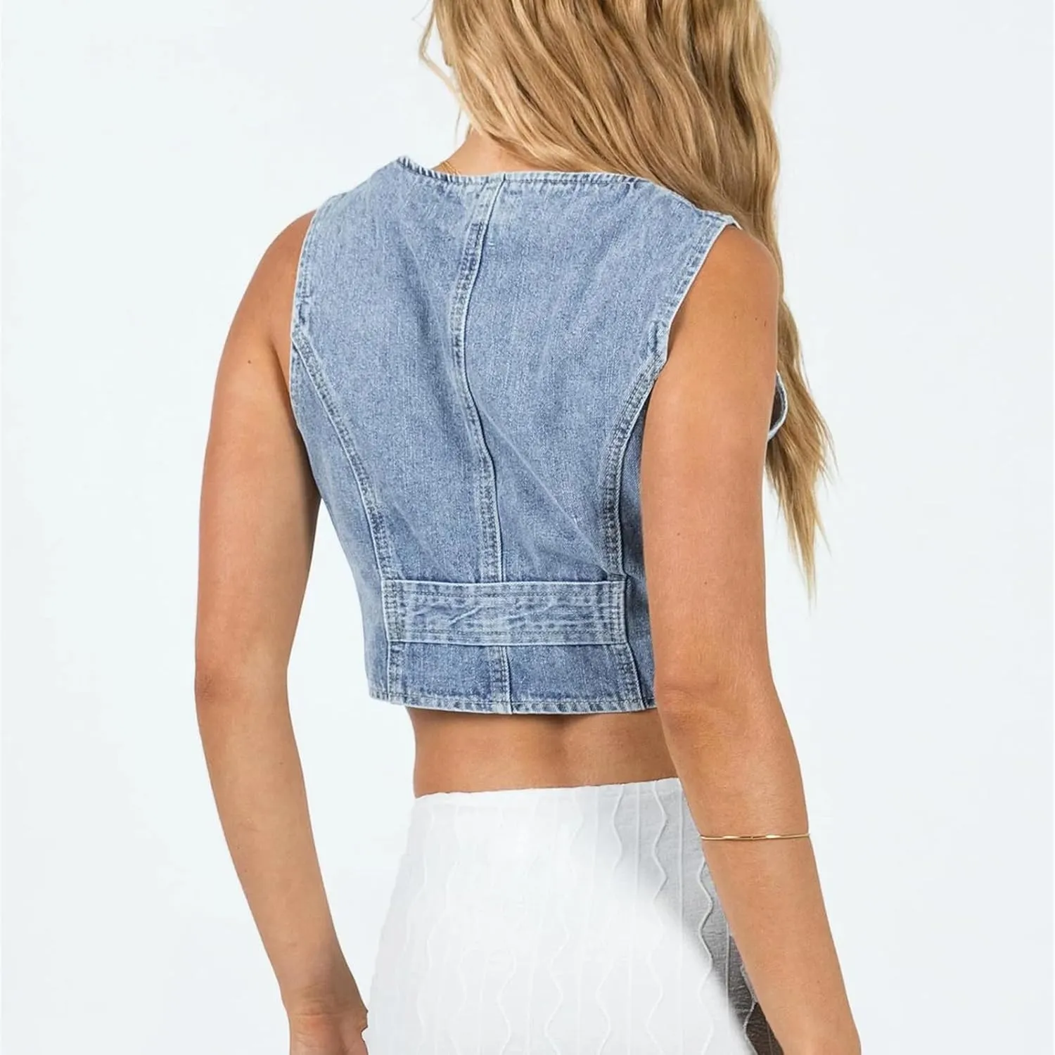 HOXIJIA Women Vintage Y2K Denim Vest Sleeveless V Neck Button Crop Jean Waistcoat Vest Retro Streetwear Going Out Tank Top