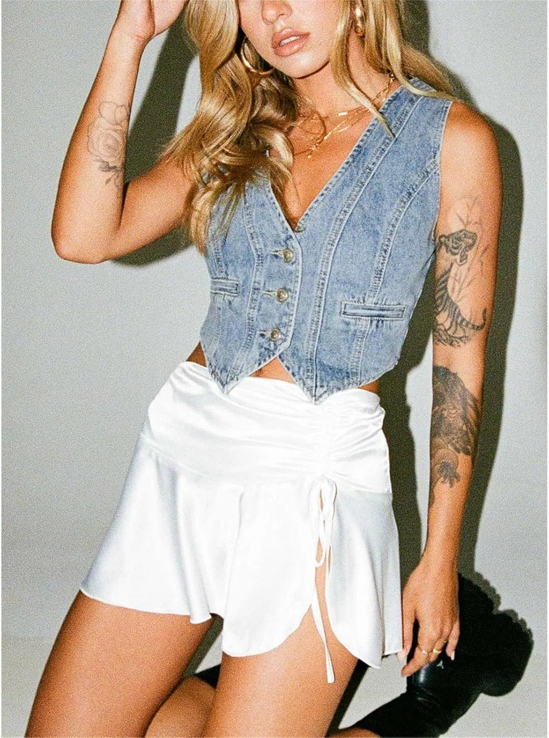 HOXIJIA Women Vintage Y2K Denim Vest Sleeveless V Neck Button Crop Jean Waistcoat Vest Retro Streetwear Going Out Tank Top