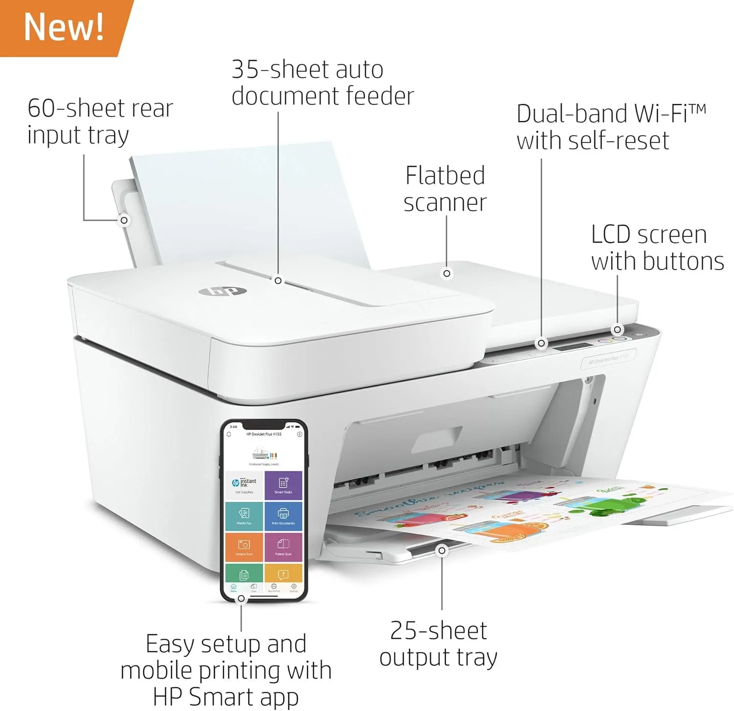 HP DeskJet Plus 4155 Wireless All-in-One Printer - Compact Inkjet Printer with Mobile Printing, Scanner, Copier, Bluetooth, Home Office & WiFi Compatible - 3XV13A (Renewed)