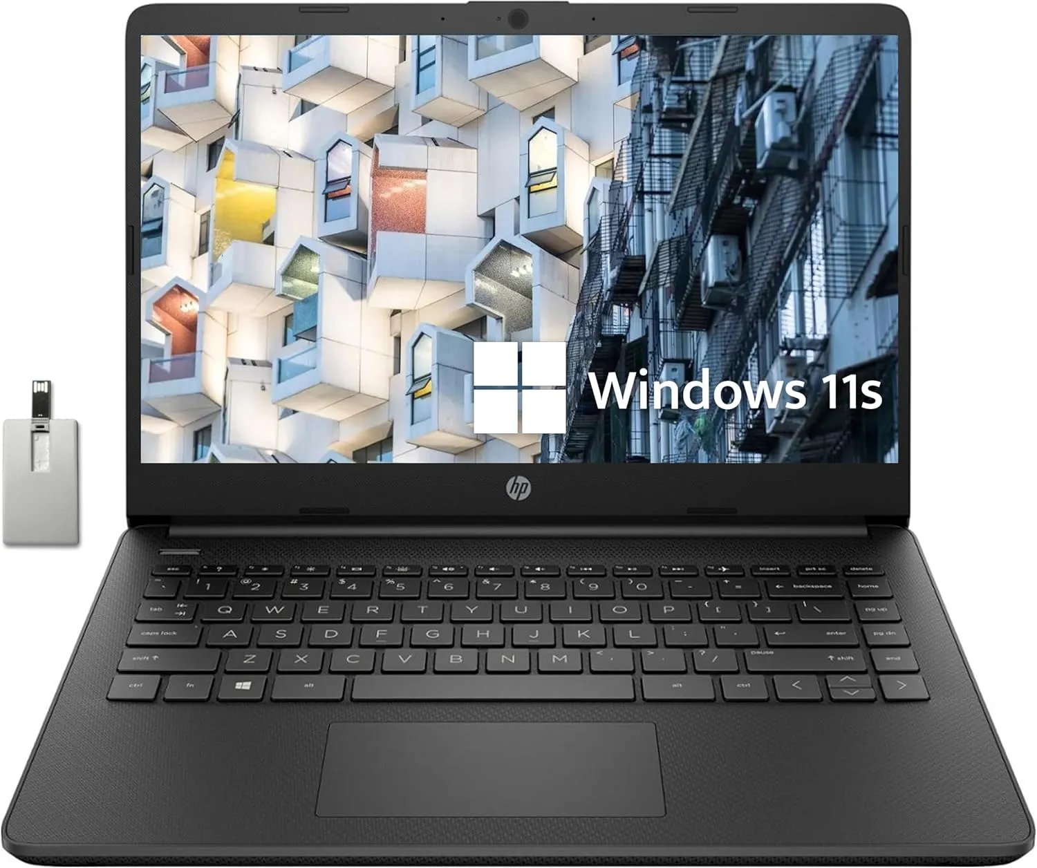 HP Stream 14" HD BrightView Laptop, Intel Celeron N4020 Processor, 16GB RAM, 64GB Storage, Intel HD Graphics, 720p Webcam, 1 Year Office 365, Black, Win 11 S, 32GB Hotface USB Card
