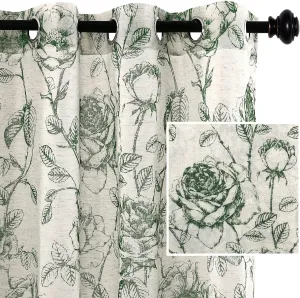 H.VERSAILTEX Boho Floral Linen Curtains, Semi Sheer Light Filtering Curtains, Drapes 84 Inch Length 2 Panels Set, Grommet Farmhouse Vintage Curtain, Print Pattern Treatments for Bedroom, Hunter Green