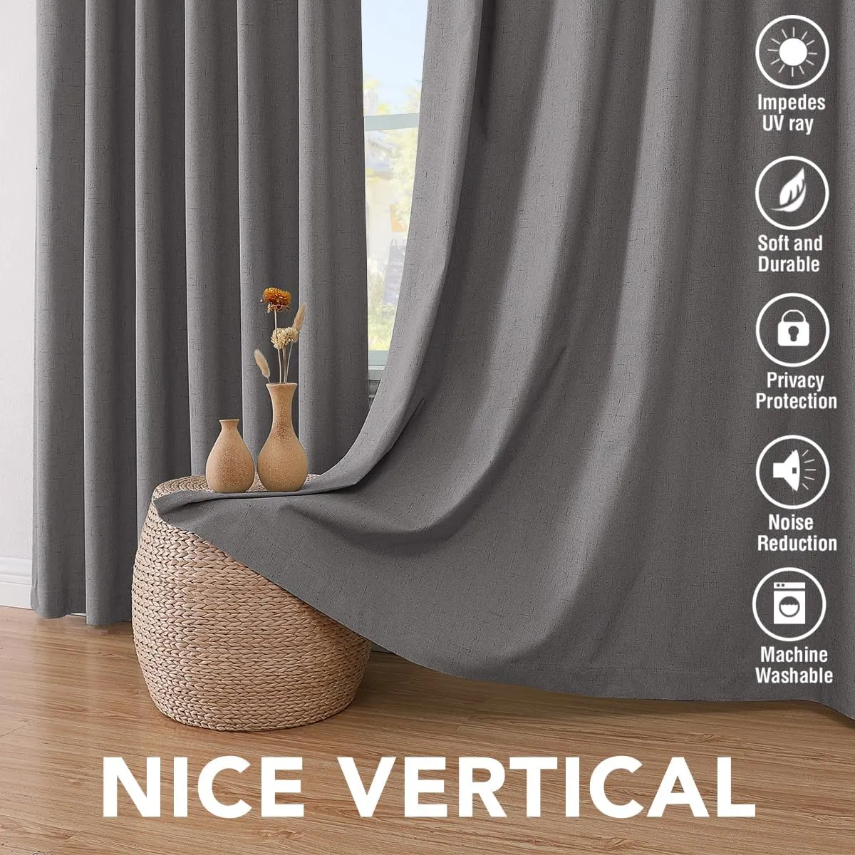 H.VERSAILTEX Linen Blackout Curtains 84 Inches Long 100% Absolutely Blackout Thermal Insulated Textured Linen Look Curtain Draperies Anti-Rust Grommet, Energy Saving with White Liner, 2 Panels, Grey