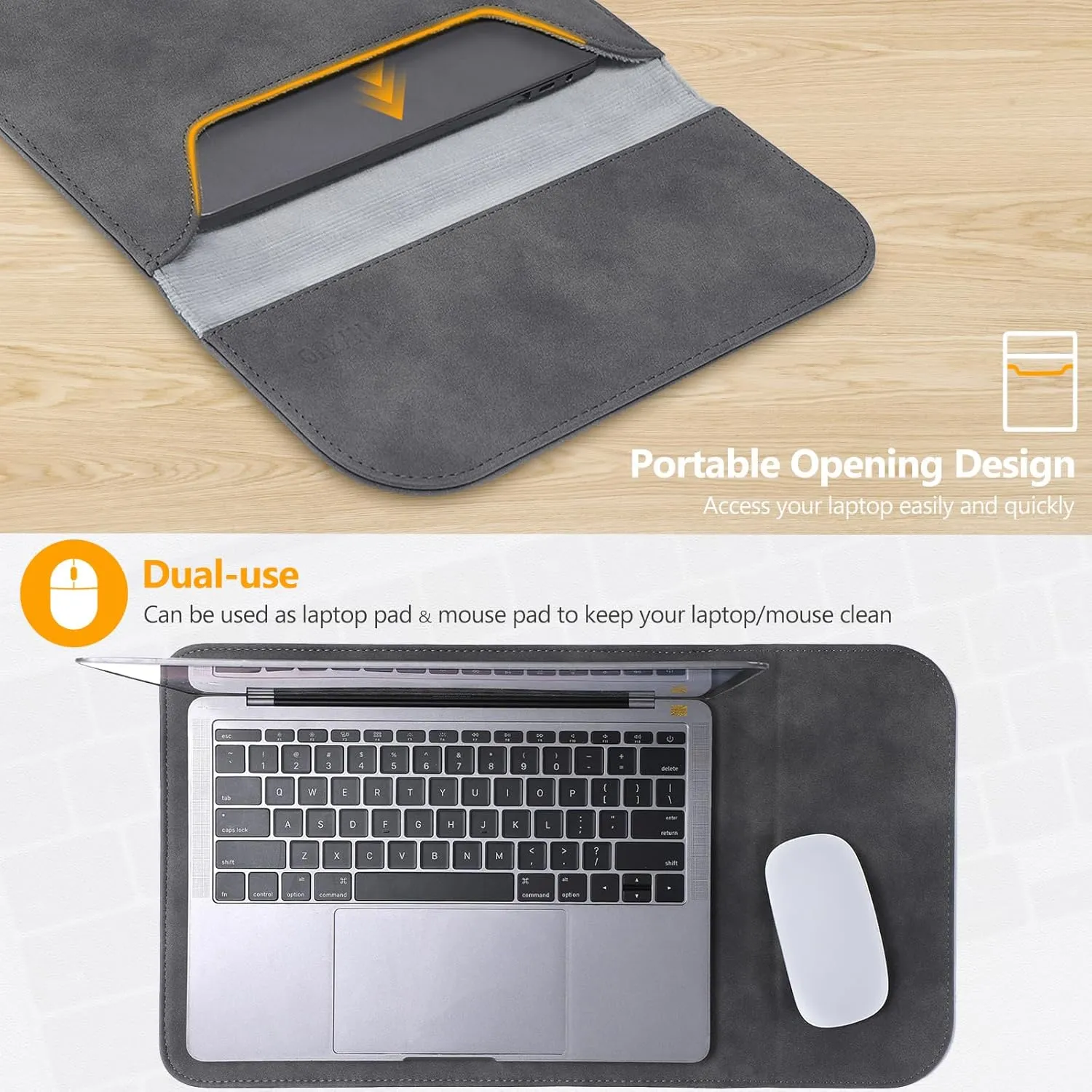 HYZUO 15-16 Inch Laptop Sleeve Compatible with MacBook Pro 16 M3/M2/M1 Pro/Max A2991 A2780 A2485 A2141 2024-2019, MacBook Pro 15 2012-2015, XPS 15, Faux Suede Leather Case with Small Bag, Space Gray