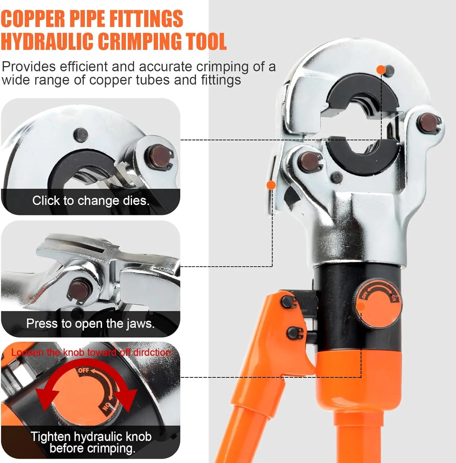 HZLZRZ Propress Tool for Copper Pipe, Hydraulic Tool Dies Jaw 1/2", 3/4", 1", Pro Press Crimper Tool Suitable for Pressing Copper Pipe of Water Heating Crimper Tool