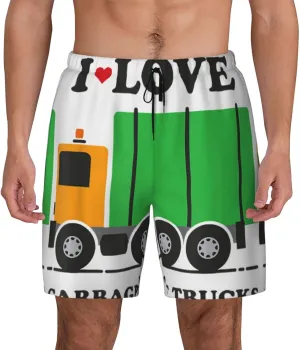 I Love Garbage Trucks Print Men'S Double-Layer Swimming Trunks - Hawaiian Beach Shorts with Elastic Waist