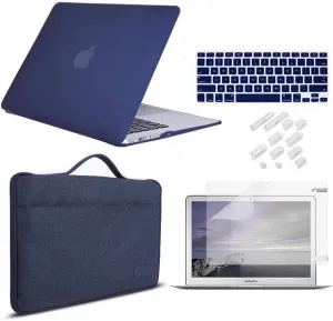 iCasso Case Compatible with MacBook Air 13 inch Case 2010-2017 Release Model A1369/A1466 Bundle Set, Plastic Hard Shell, Sleeve Bag, Screen Protector, Keyboard Cover and Dust Plug - Navy Blue