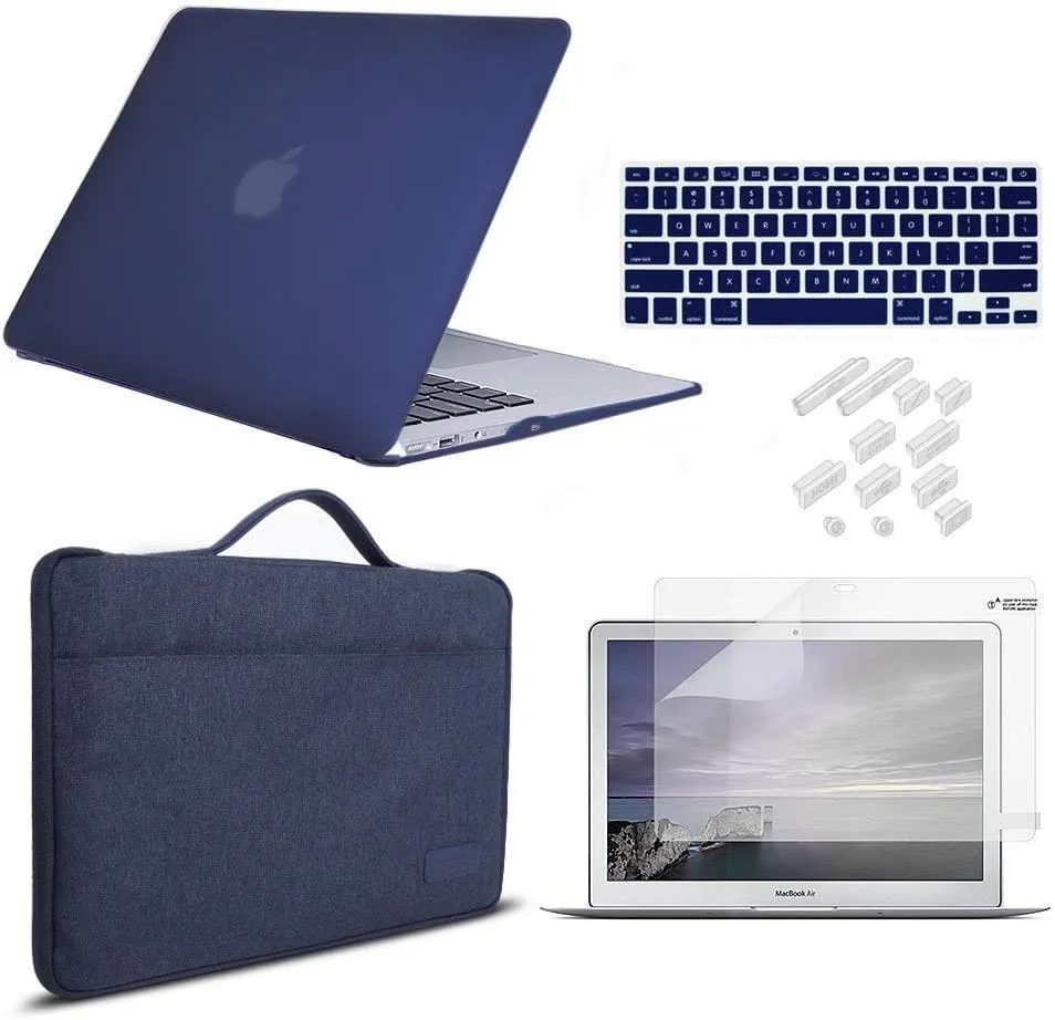 iCasso Case Compatible with MacBook Air 13 inch Case 2010-2017 Release Model A1369/A1466 Bundle Set, Plastic Hard Shell, Sleeve Bag, Screen Protector, Keyboard Cover and Dust Plug - Navy Blue