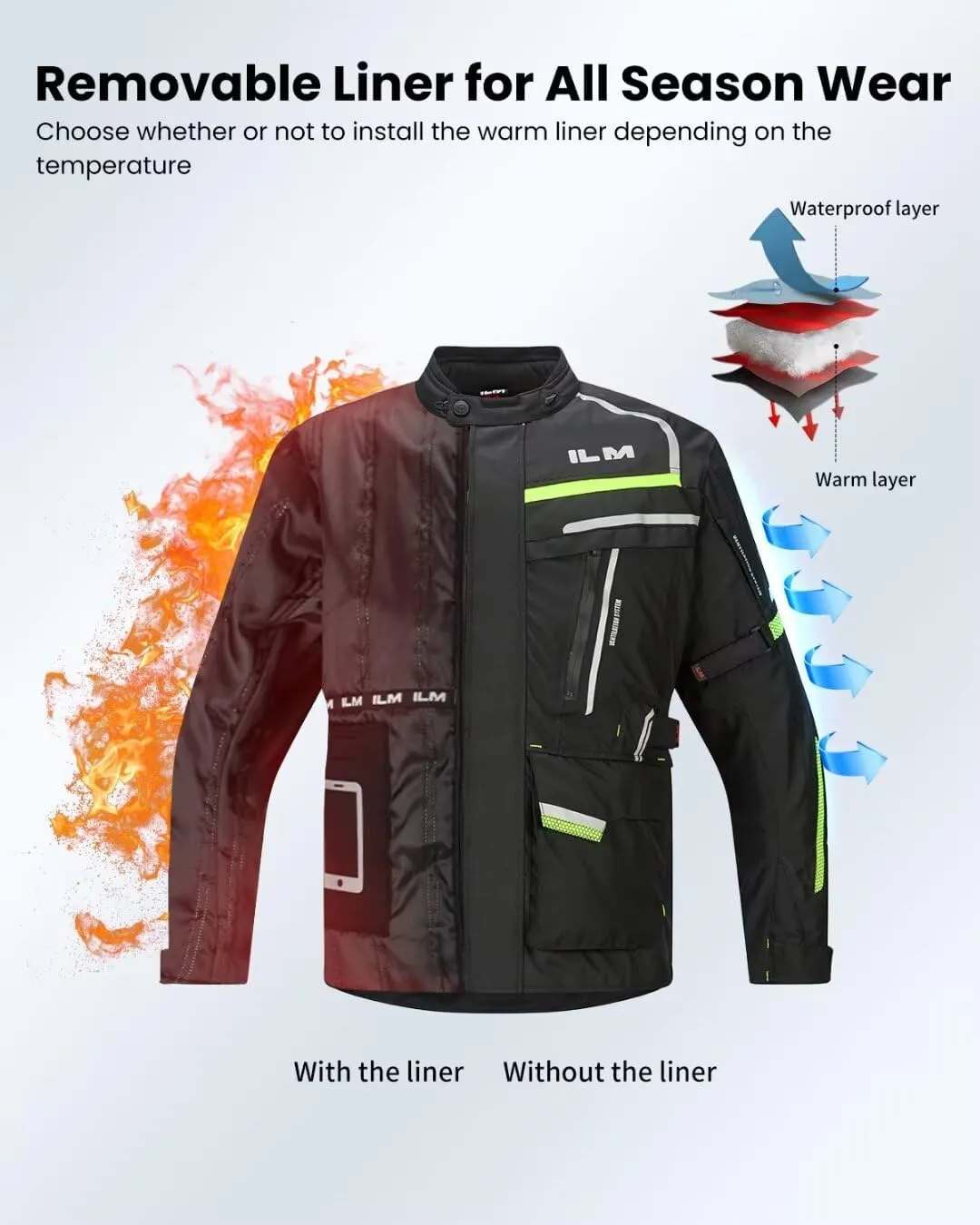 ILM Men's Street Motorcycle Jacket with CE Armor and Detachable Thermal Liner All Season Waterproof Adventure Touring Jackets Model JRL3 Black, XL