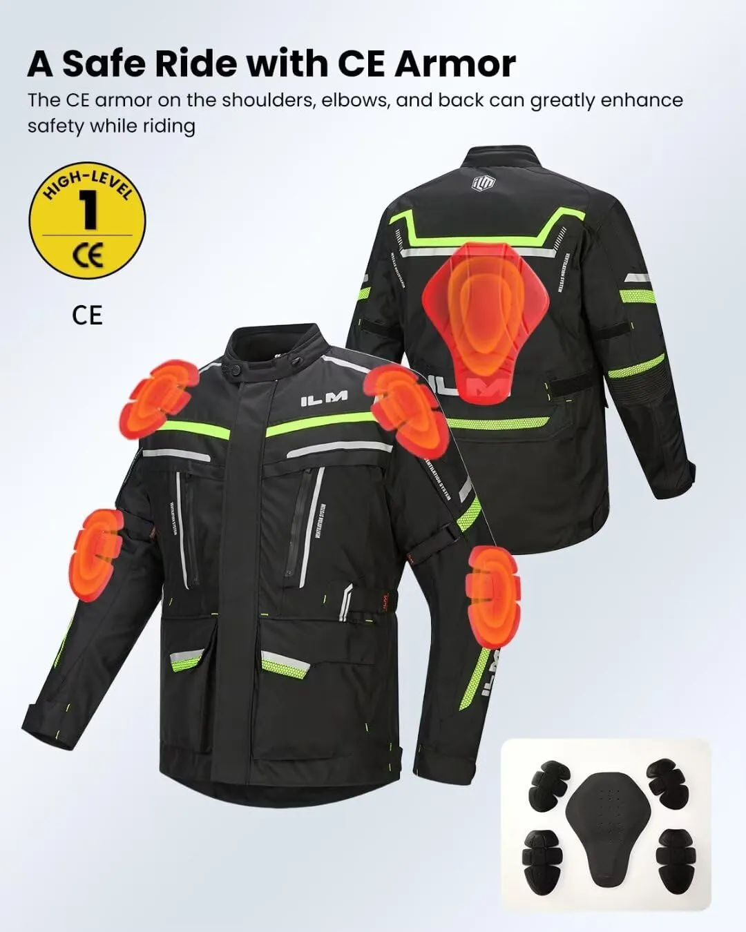 ILM Men's Street Motorcycle Jacket with CE Armor and Detachable Thermal Liner All Season Waterproof Adventure Touring Jackets Model JRL3 Black, XL