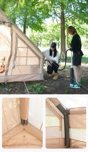 Inflatable Glamping Tent with Pump, 4-5 Person Inflatable House Tent, Easy Setup Waterproof Outdoor Oxford Tents, Self-Supporting Structure Cabin Tent with Mosquito Screen, 4 Season Air Tent