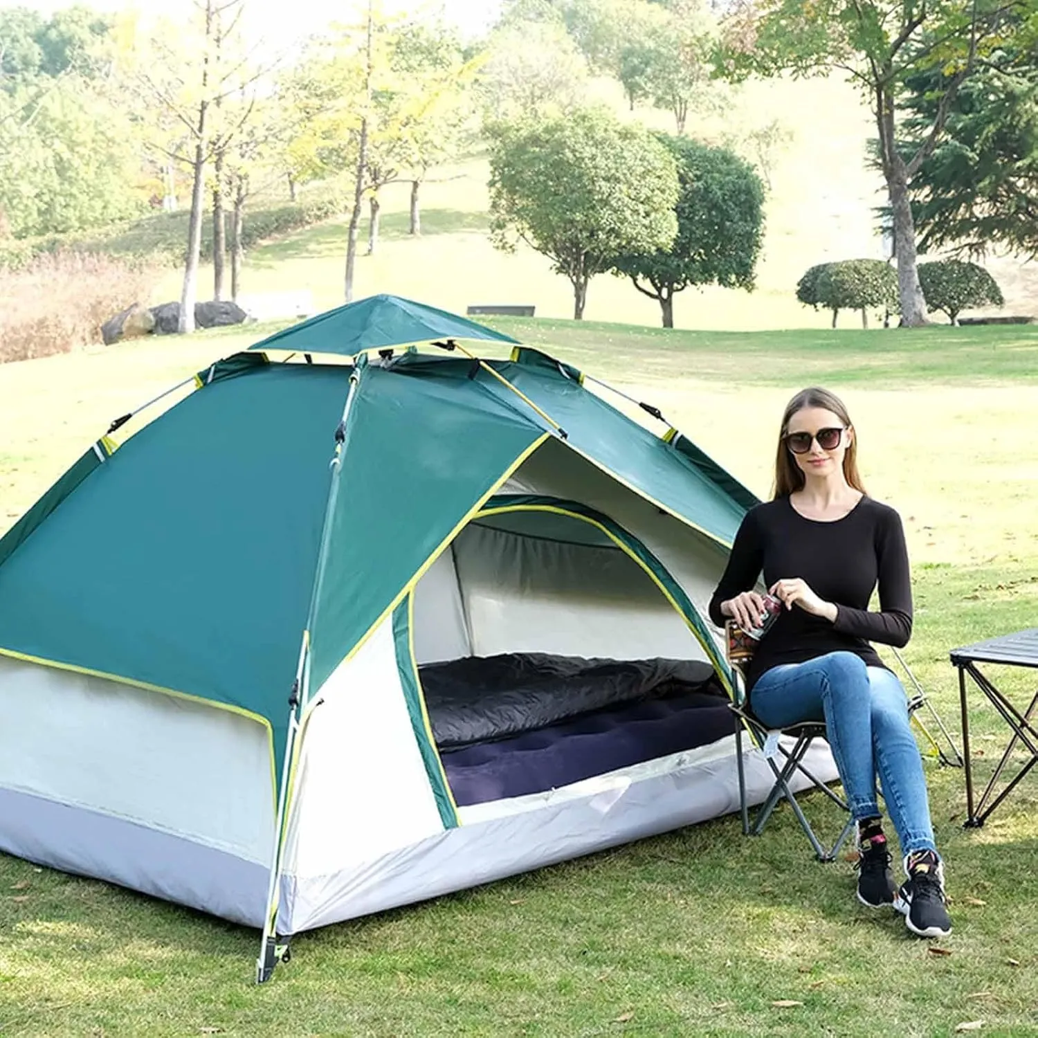 Instant pop up Tent, Lightweight Tent, 2-in-1 Easy to Set up Family Tent with Shelter, Rainfly, Suitable for Camping, Travel, Backpacking, Hiking (Color : Dark Green Color Matching)