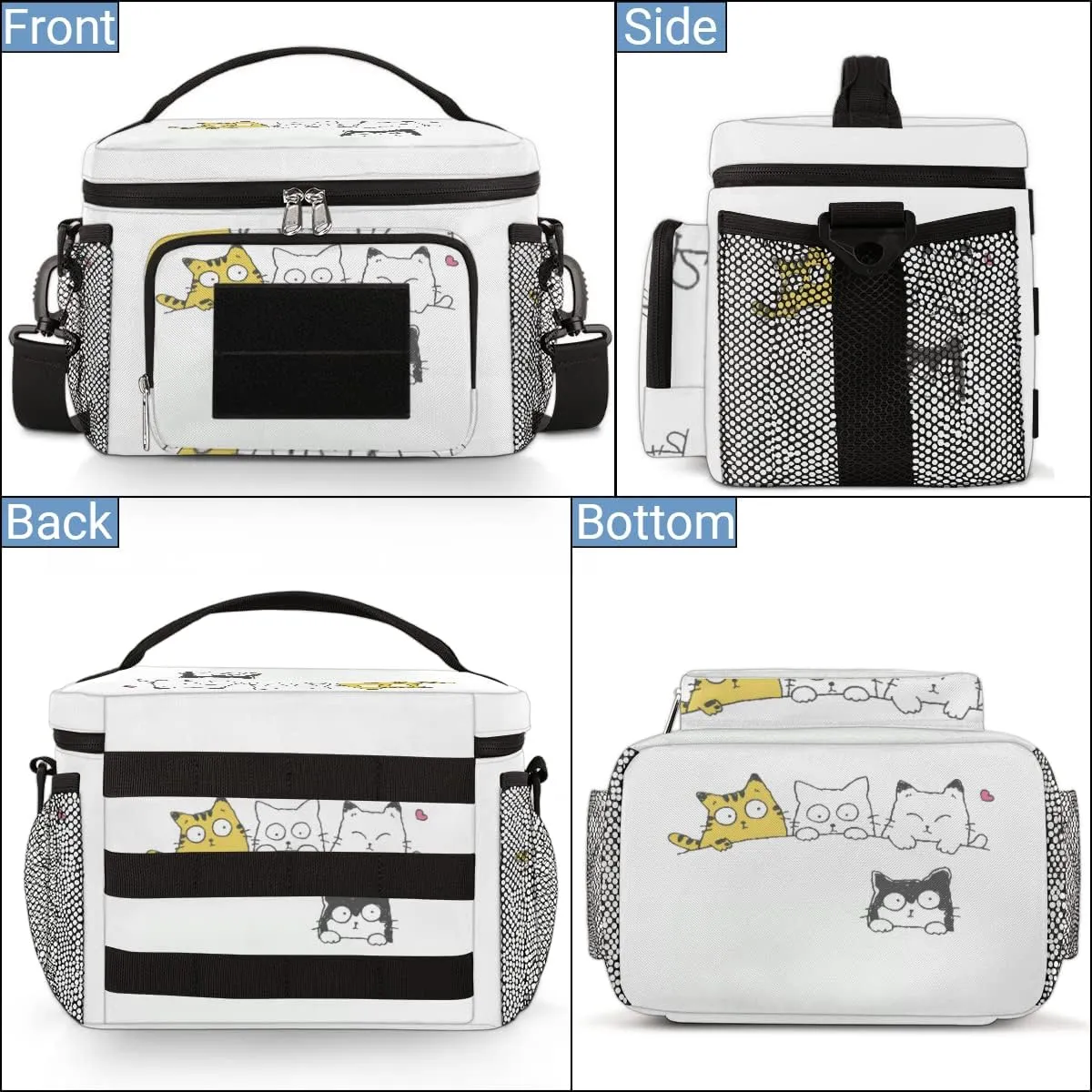 Insulated Lunch Bag Women/Men,With Side Pockets And Shoulder Strap,Love Heart Portable Lunch Box Cooler Bag for Work,Travel,Picnic-Cartoon Cat