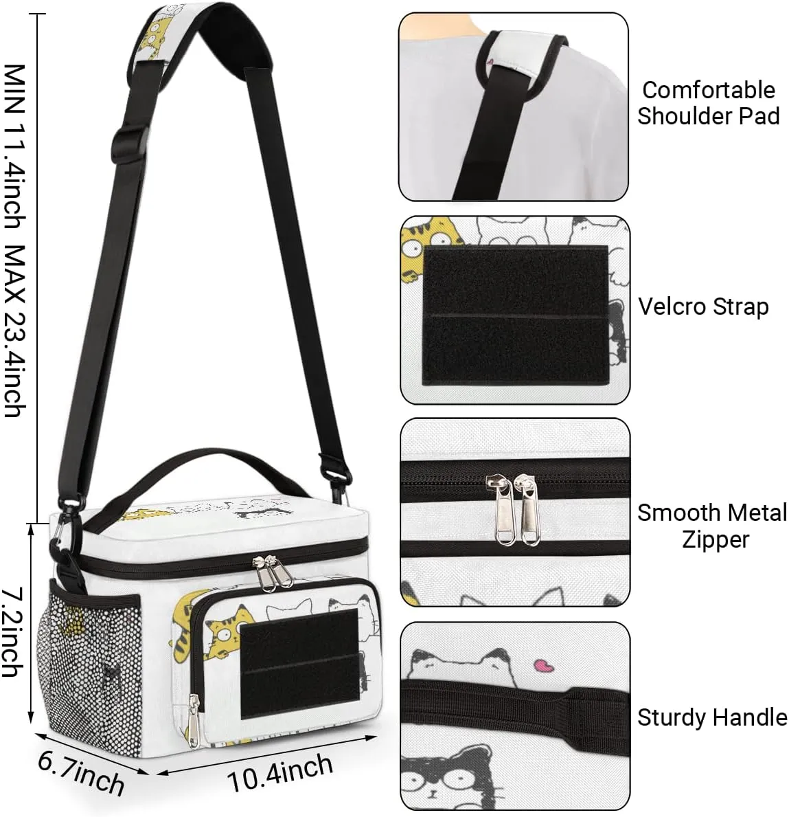 Insulated Lunch Bag Women/Men,With Side Pockets And Shoulder Strap,Love Heart Portable Lunch Box Cooler Bag for Work,Travel,Picnic-Cartoon Cat